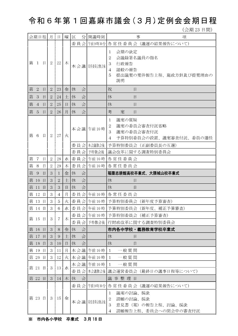 会期日程 令和6年3月