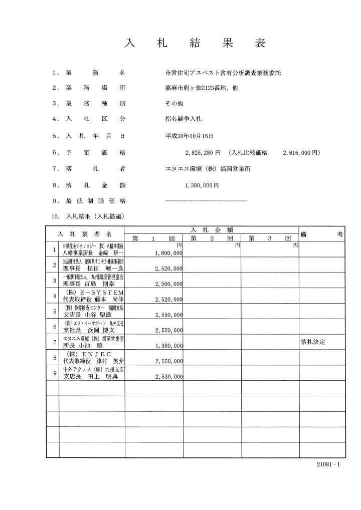 市営住宅アスベスト含有分析調査業務委託