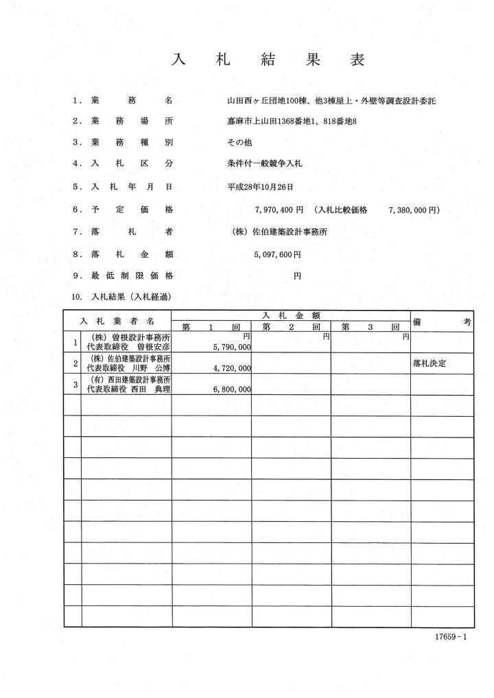 山田西ヶ丘団地100棟、他3棟屋上・外壁等調査設計委託