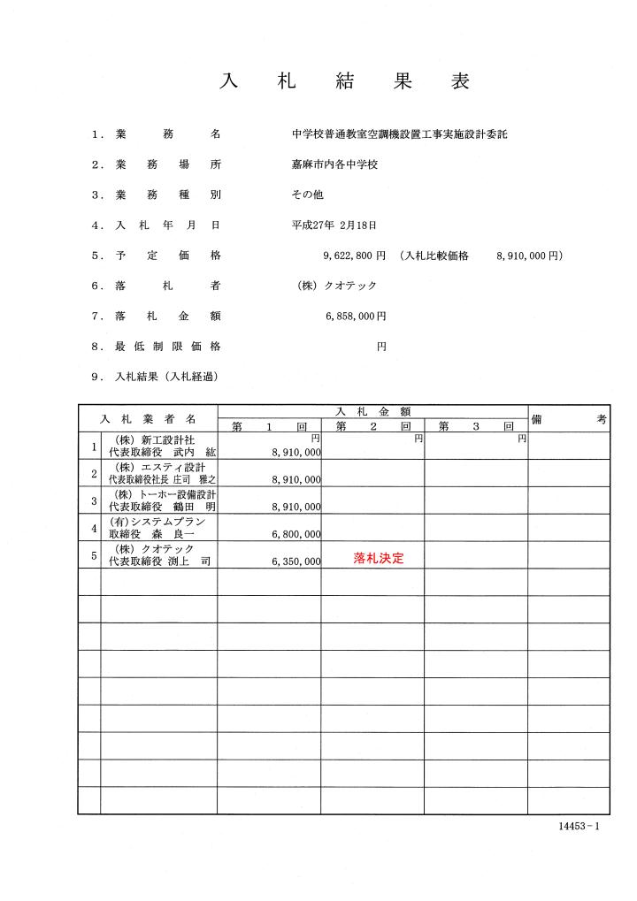 中学校普通教室空調機設置工事実施設計委託