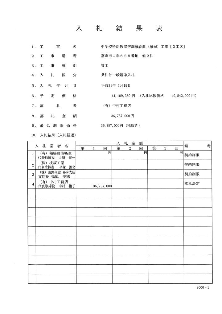 中学校特別教室空調機設置（機械）工事【2工区】