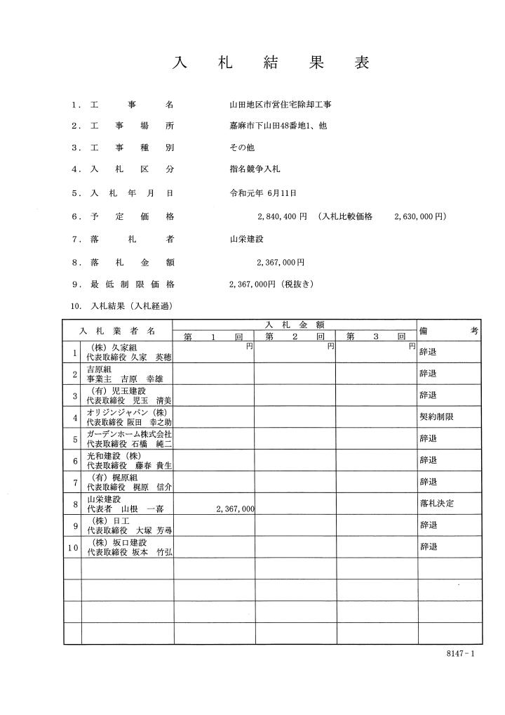 山田地区市営住宅除却工事