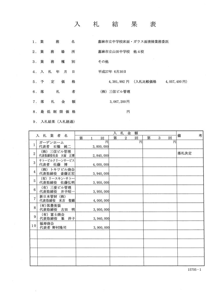 嘉麻市立中学校床面・ガラス面清掃業務委託