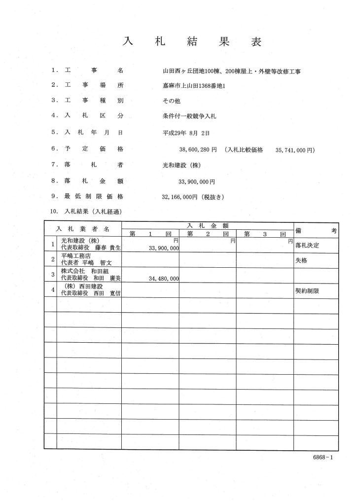 山田西ヶ丘団地100棟、200棟屋上・外壁等改修工事